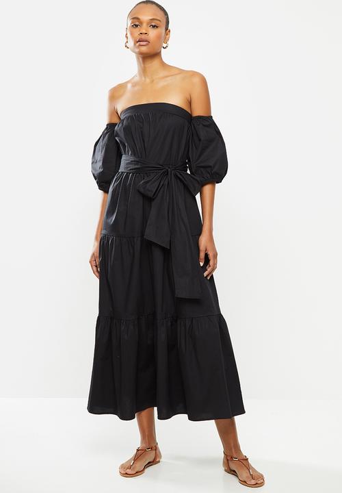 MILLA - Bardot tiered dress with balloon sleeve - black