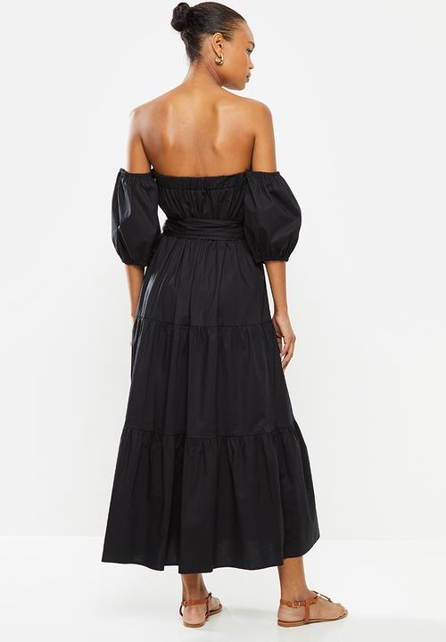 MILLA - Bardot tiered dress with balloon sleeve - black