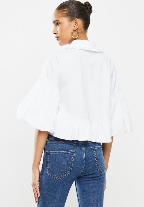 VELVET - Cropped peter pan collar shirt with bubble sleeve - white