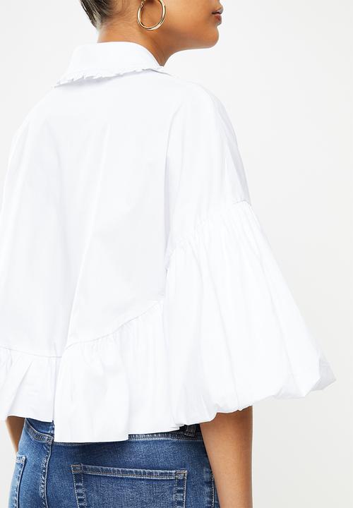 VELVET - Cropped peter pan collar shirt with bubble sleeve - white