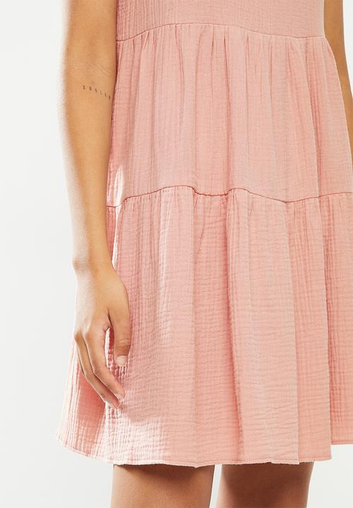 VELVET - Textured cotton blend lace back tiered dress - rose