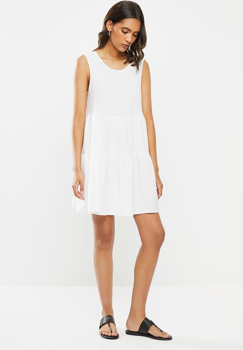 VELVET - Textured cotton blend lace back tiered dress - white 