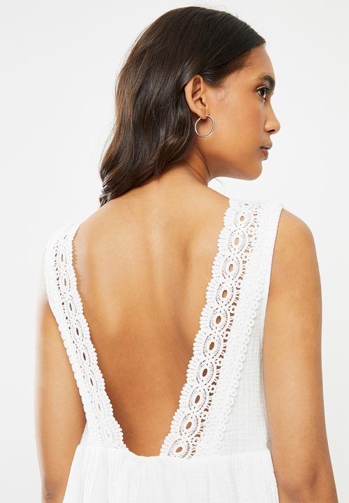 VELVET - Textured cotton blend lace back tiered dress - white 