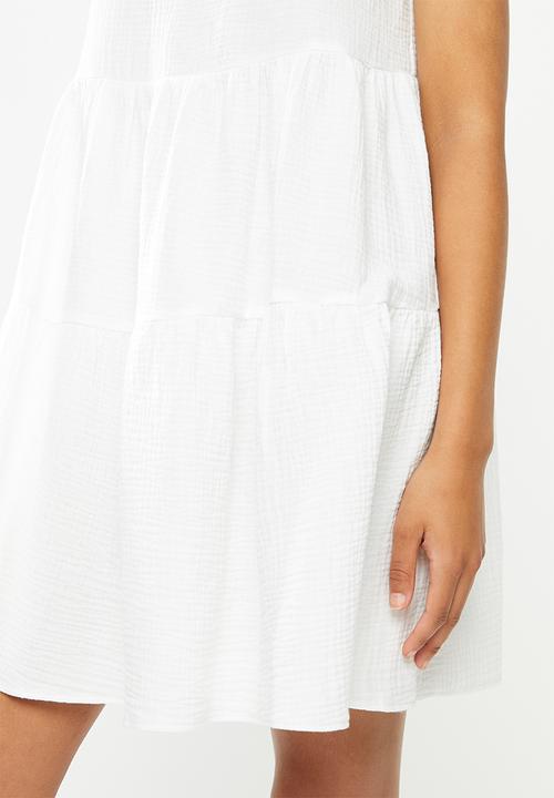 VELVET - Textured cotton blend lace back tiered dress - white 