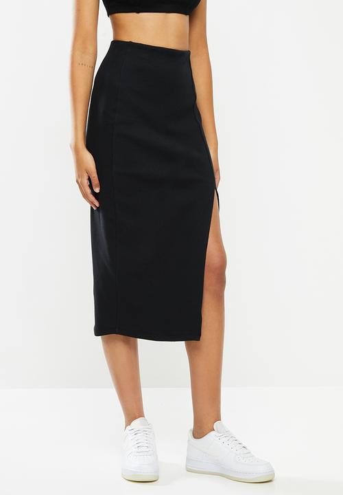 Blake - Ribbed midi slit skirt - black