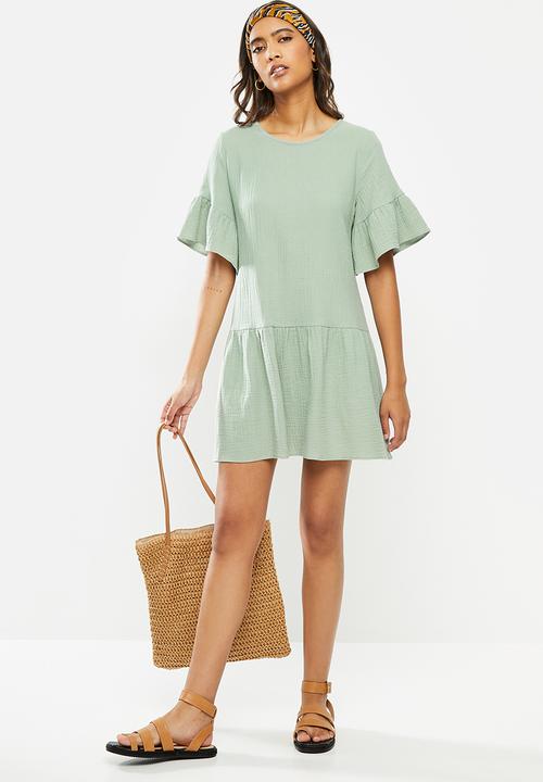 Blake - Dropped waist mini dress with ruffle sleeve - antique sage
