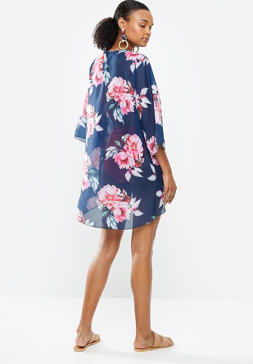 STYLE REPUBLIC - Floral short cover up - navy