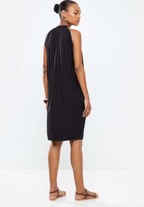 edit - High neck drapy knit dress - black