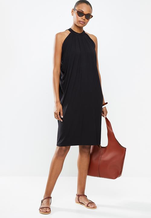 edit - High neck drapy knit dress - black