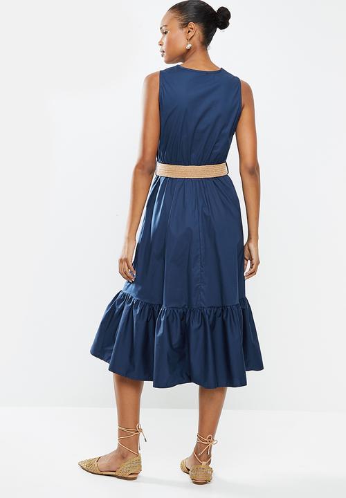edit - Poplin belted midi dress - navy