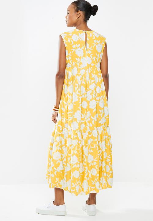 edit - Sleevless v-neck tiered midi dress - ochre floral