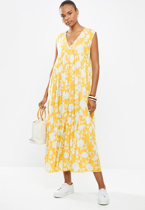 edit - Sleevless v-neck tiered midi dress - ochre floral
