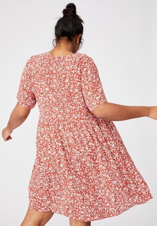 Cotton On - Curve good times babydoll mini dress - nicole ditsy red clay