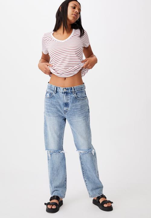 Cotton On - The one fitted v tee - eddy stripe white/ red terracotta