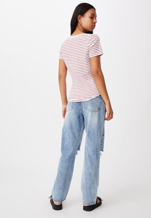 Cotton On - The one fitted v tee - eddy stripe white/ red terracotta
