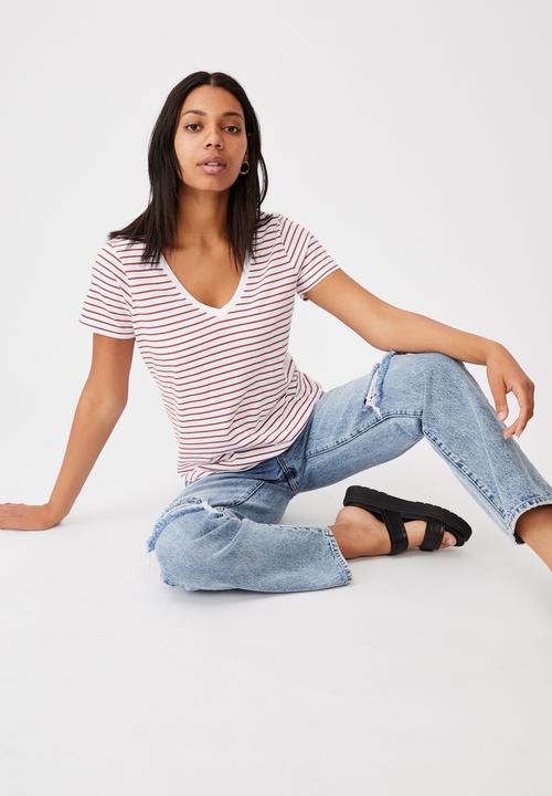 Cotton On - The one fitted v tee - eddy stripe white/ red terracotta