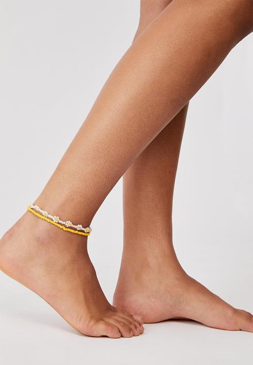 Rubi - Holiday beaded anklet - yellow & white 