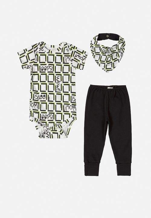 UP Baby - Boys bodysuit, pants & bib set - black & white