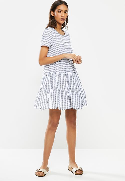 Blake - Seersucker tiered mini dress - black & white