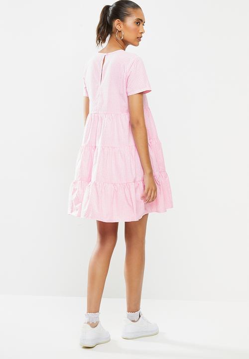 Blake - Seersucker tiered mini dress- pink & white