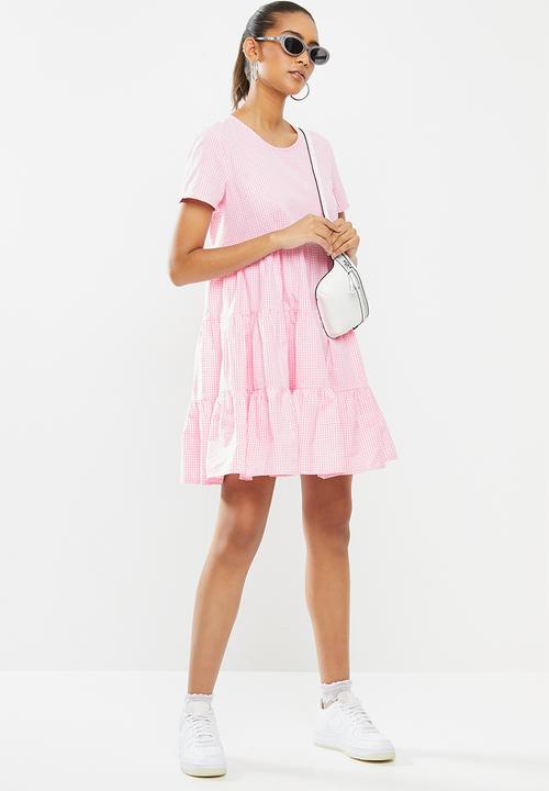 Blake - Seersucker tiered mini dress- pink & white