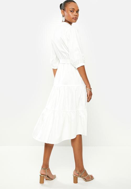 edit - Cotton tiered shirt dress - white 