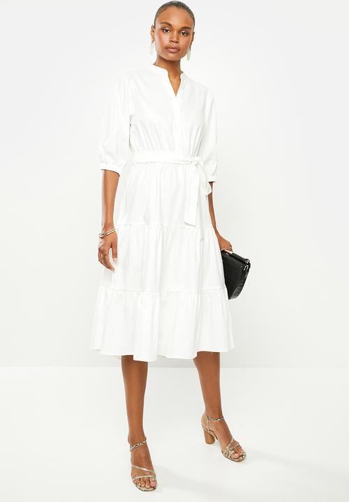 edit - Cotton tiered shirt dress - white 
