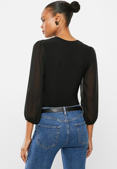 MILLA - Wrap front combo chiffon bodysuit - black