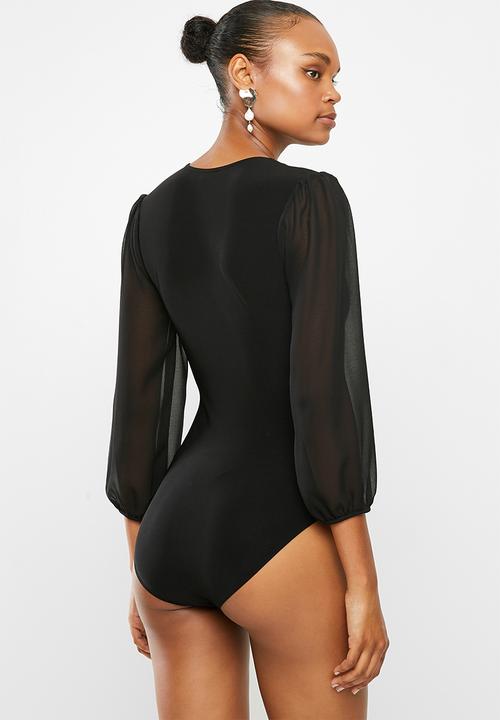 MILLA - Wrap front combo chiffon bodysuit - black