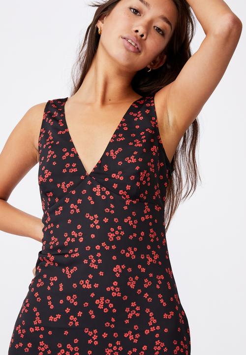 Factorie - Deep v mini dress - black & red 