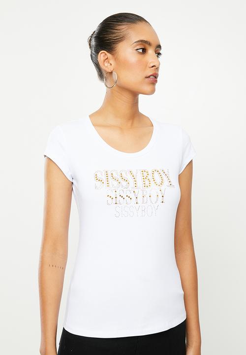 SISSY BOY - Panu: round neck logo with all over bling - white