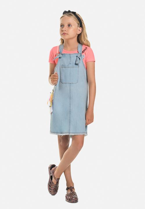 light blue pinafore dress Button Denim Midi Pinafore Dress (Light Blue) main image 0