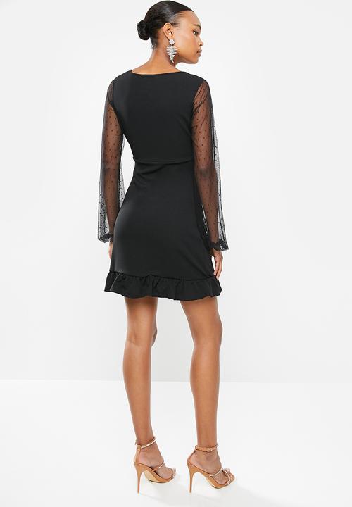 Missguided - Dobby sleeve frill hem skater dress - black