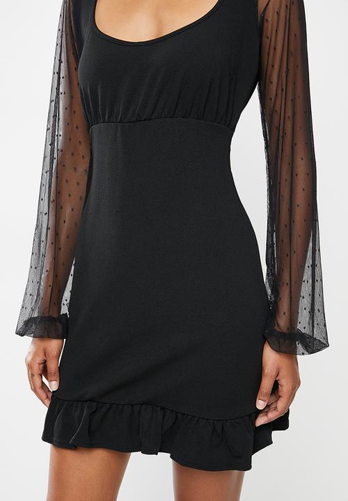 Missguided - Dobby sleeve frill hem skater dress - black