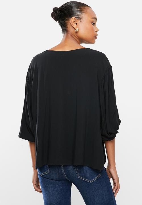 edit - Puff sleeve woven shell - black
