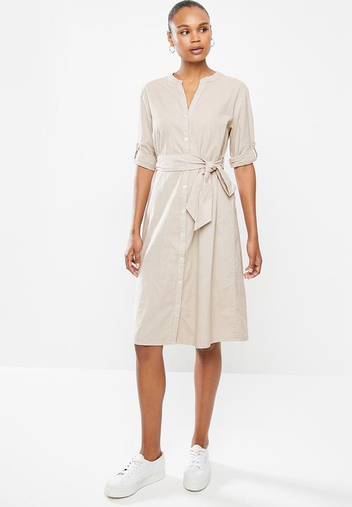 edit - Cotton mandarin collar shirt dress - stone