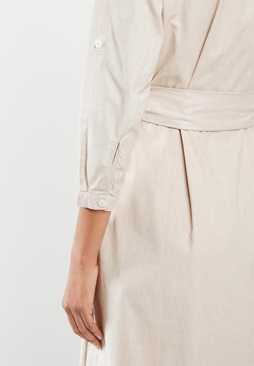 edit - Cotton mandarin collar shirt dress - stone