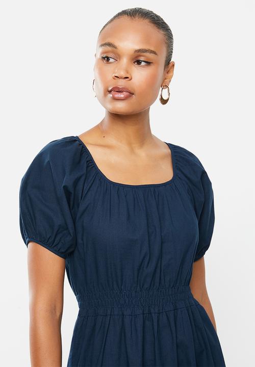edit - Shirred waist cotton square midi dress - navy