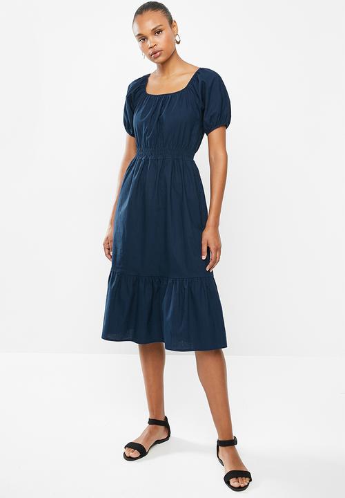 edit - Shirred waist cotton square midi dress - navy