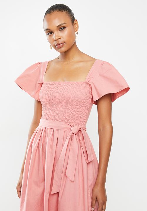 edit - Cotton smocked flutter sleeve midi dress - pink