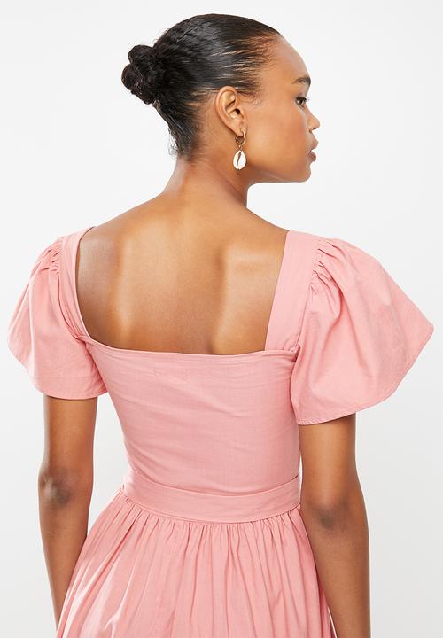 edit - Cotton smocked flutter sleeve midi dress - pink