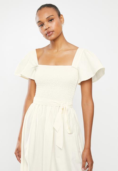 edit - Cotton smocked flutter sleeve midi dress - ecru
