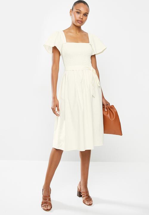 edit - Cotton smocked flutter sleeve midi dress - ecru