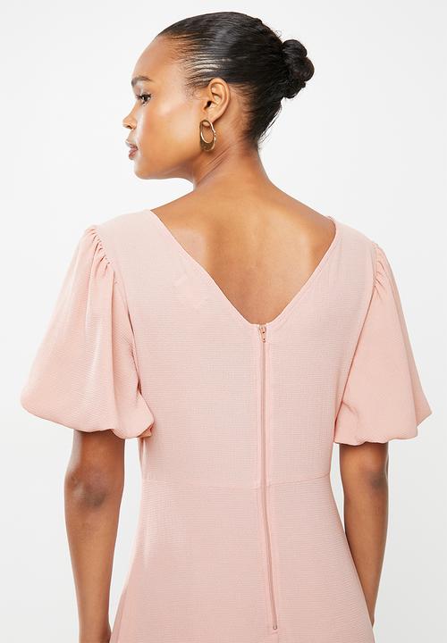 edit - Bubble sleeve crepe slit midi dress - rose pink