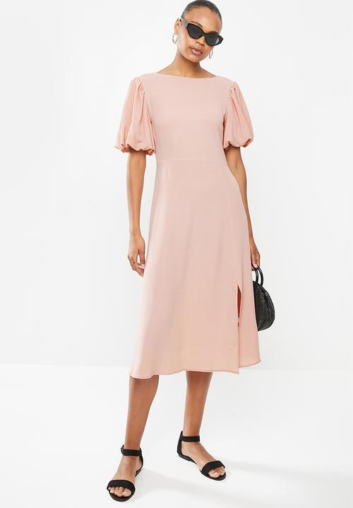 edit - Bubble sleeve crepe slit midi dress - rose pink