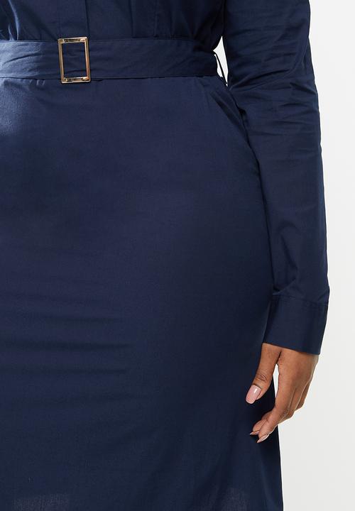 POLO - Plus Bree long sleeve shirt dress with belt - navy