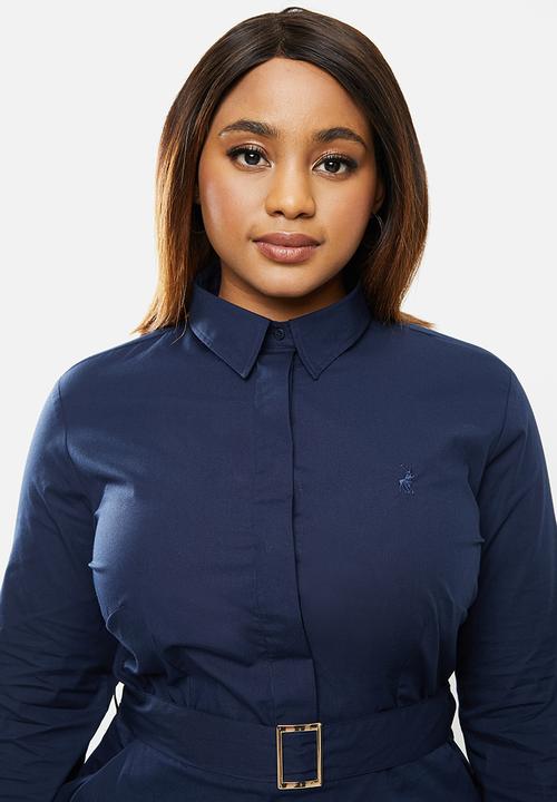 POLO - Plus Bree long sleeve shirt dress with belt - navy