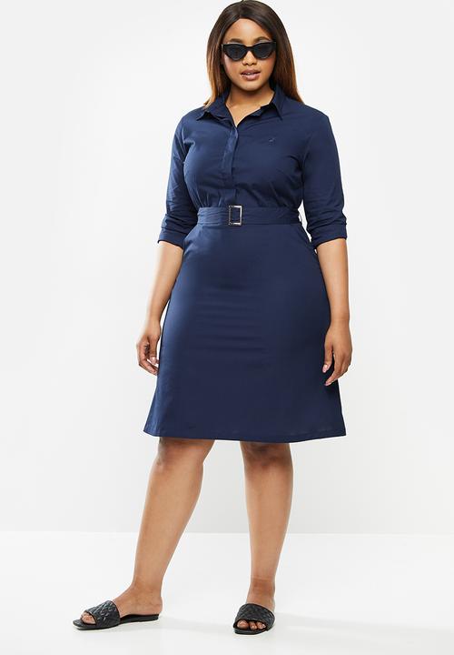 POLO - Plus Bree long sleeve shirt dress with belt - navy
