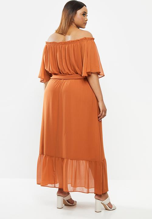 edit Plus - Chiffon tiered ots maxi - tobacco