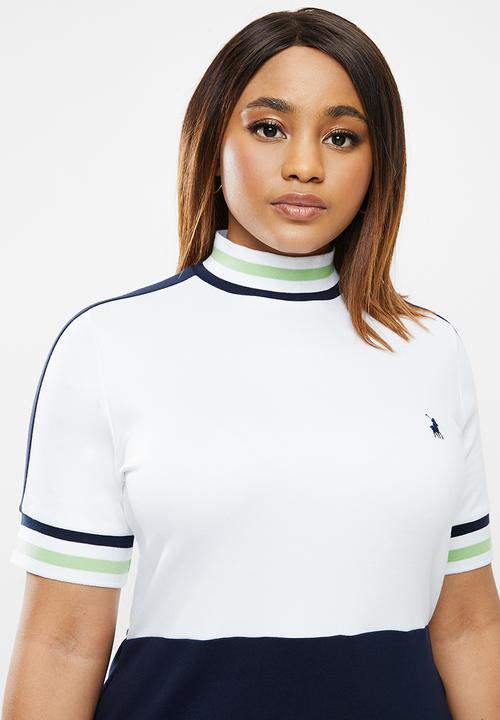 POLO - Plus Buhle short sleeve high neck sport golfer dress - white & navy